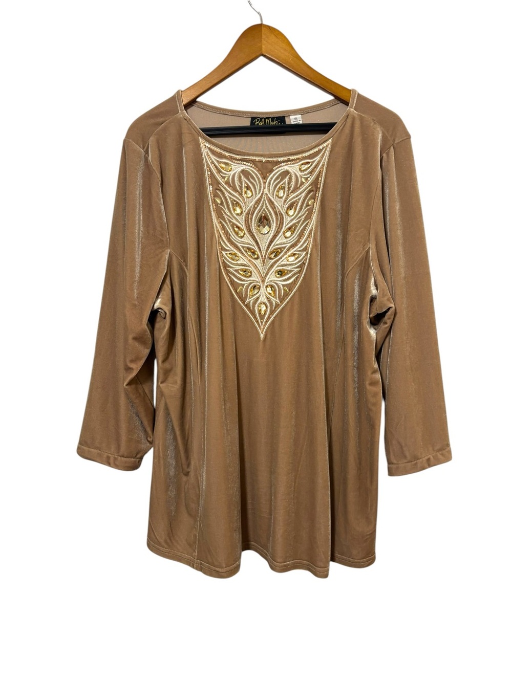 Bob Mackie Size XL Rose Gold Velour Bedazzled Top Artsy Modest Party Holiday